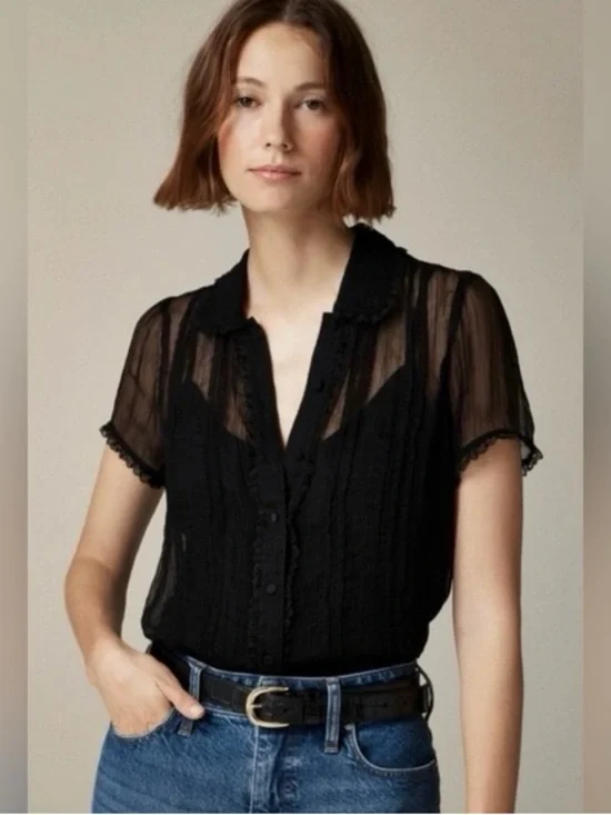 NWT J. Crew Sheer lace-trim button-up shirt in black - Picture 1 of 4
